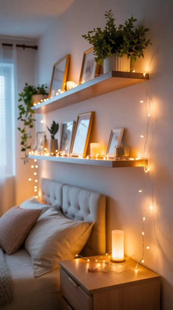 Cozy Small Bedroom Fairy Lights Decor Ideas: Because Who Doesn’t Want to Sleep in a Glowing Cloud? 4 Shelf It with Style Fairy Lights on Floating Shelves