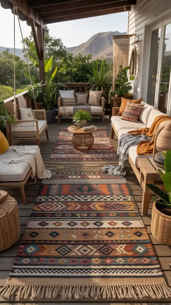 Boho Porch Outdoor Decor Ideas: Your Go-To Guide for a Laid-Back, Stylish Vibe 4 Textiles, Baby! Layer Those Rugs Like You Mean It