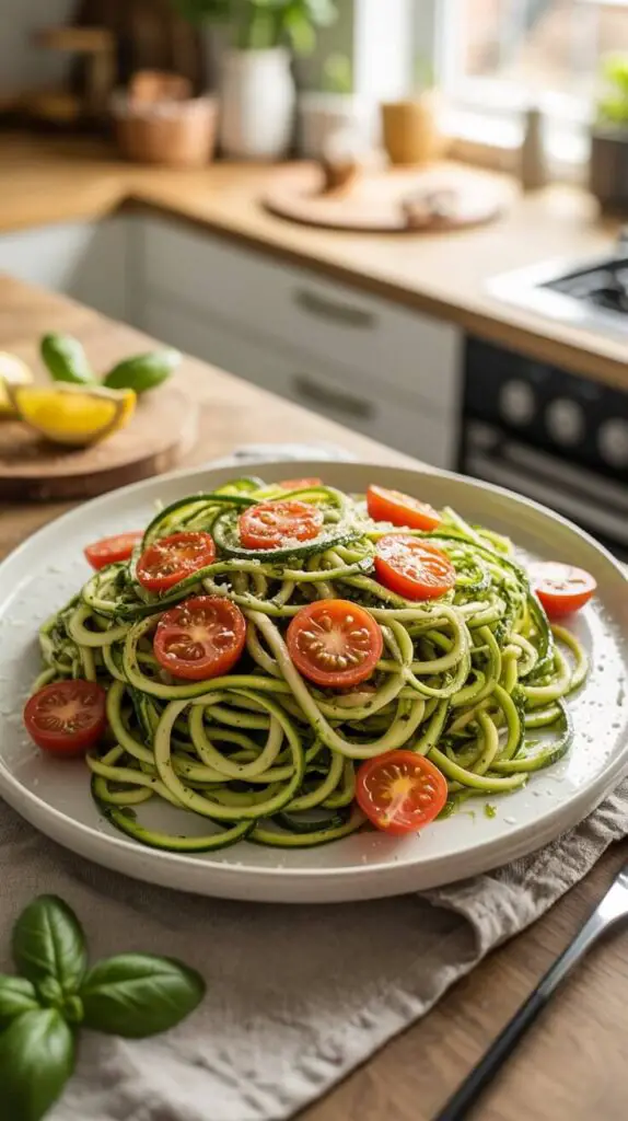Easy Light Dinner Recipes That Won’t Leave You in a Food Coma 6 Zucchini Noodles with Pesto and Cherry Tomatoes