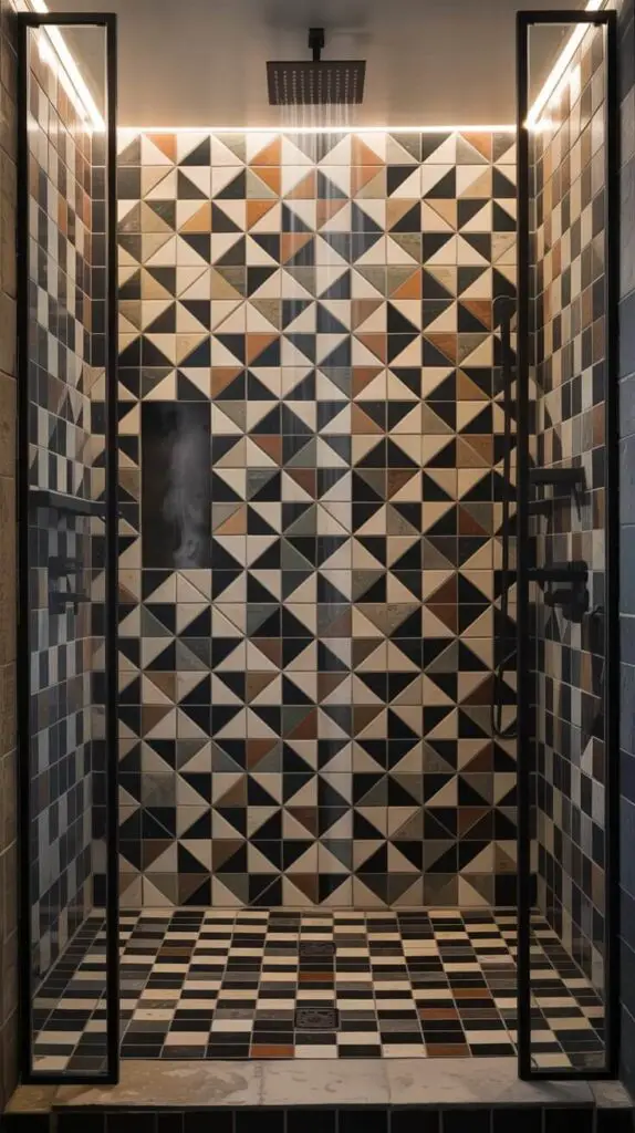 15 Mosaic Shower Tile Design Ideas That’ll Make You Want to Redo Your Bathroom 2 Bold Geometric Patterns