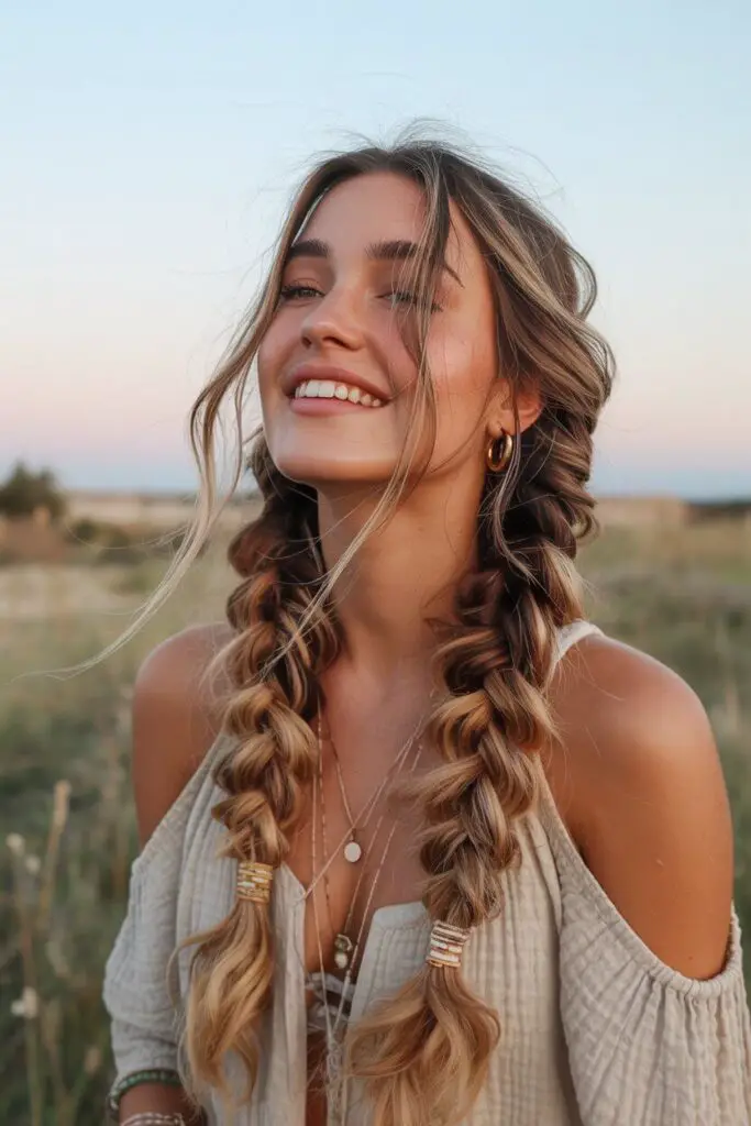 Boho Braids Hairstyles Ideas: 13 Effortlessly Cool Looks You’ll Wanna Try ASAP 4 Double Boho Braids (Aka The Festival Twins)