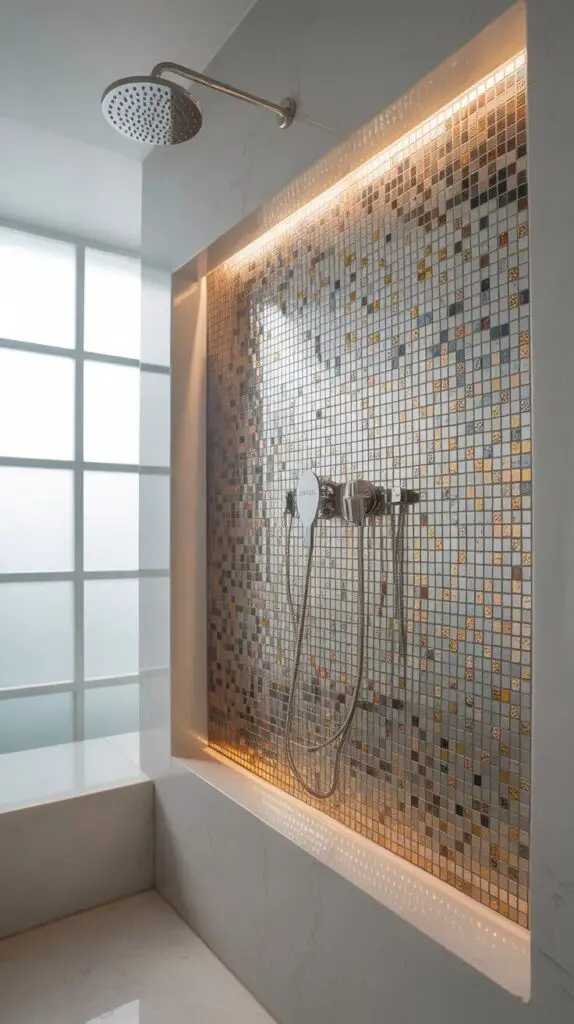 15 Mosaic Shower Tile Design Ideas That’ll Make You Want to Redo Your Bathroom 8 Metallic Accents
