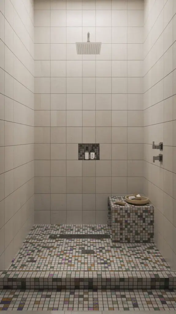 15 Mosaic Shower Tile Design Ideas That’ll Make You Want to Redo Your Bathroom 15 Mosaic Floor, Simple Walls