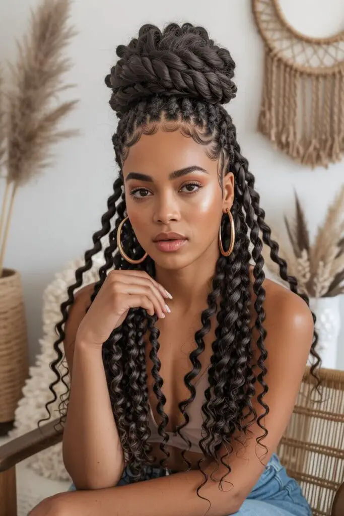 Boho Knotless Braids Ideas: The Ultimate Guide to Your Next Free-Spirited Look 11 The Messy Bun with Loose Boho Ends