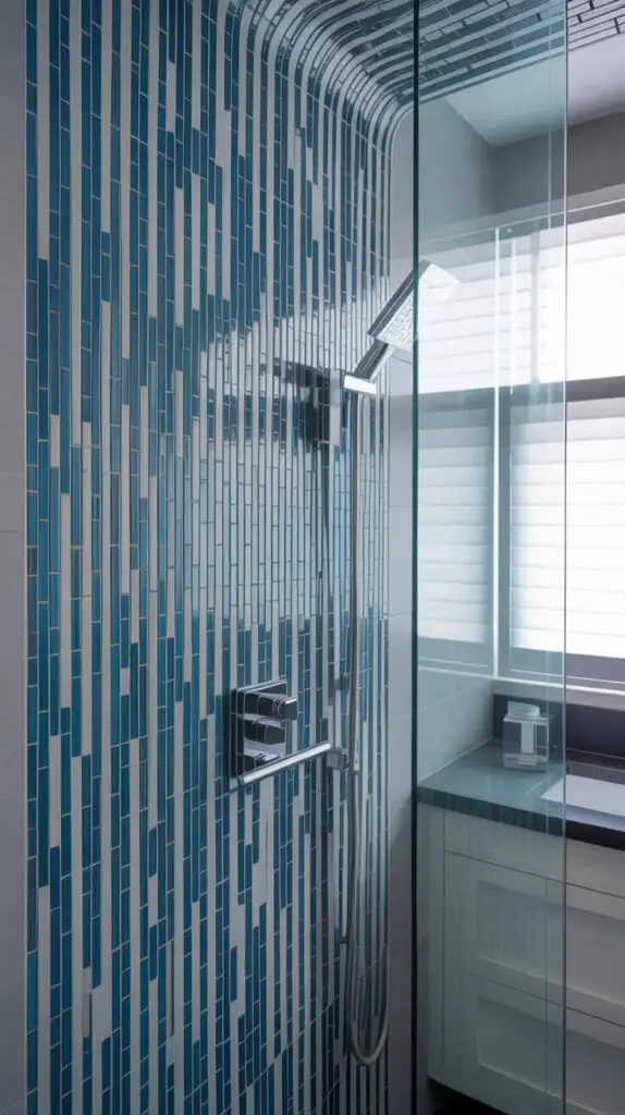 15 Mosaic Shower Tile Design Ideas That’ll Make You Want to Redo Your Bathroom 9 Vertical Stripe Drama