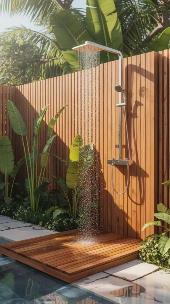 Outdoor Showers Ideas: How to Make a Splash (Without Flooding Your Backyard) 5 Wood Warm & Rustic