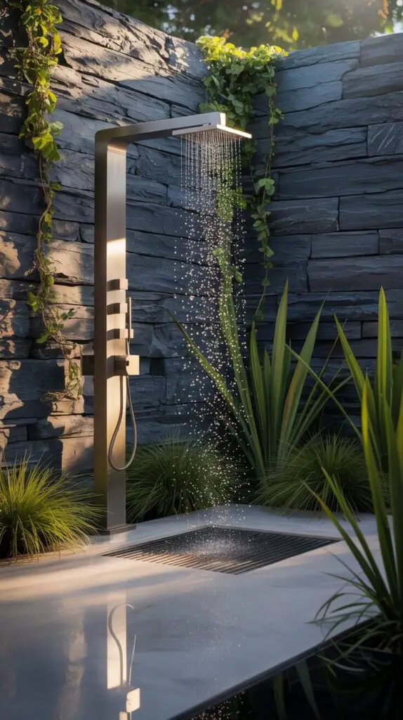 Outdoor Showers Ideas: How to Make a Splash (Without Flooding Your Backyard) 6 Stone or Concrete: Sleek & Natural