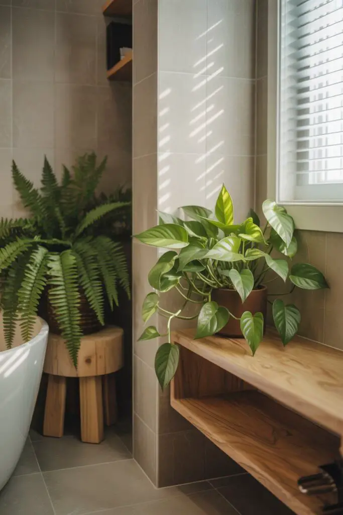 How to Incorporate Wood Accents into a Small Bathroom (Warmth, Style, and Zero Cabin Overload) 10 Accenting with Plants and Greenery