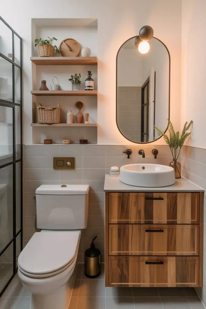 How to Incorporate Wood Accents into a Small Bathroom (Warmth, Style, and Zero Cabin Overload) 14 Coordinating Wood with Hardware