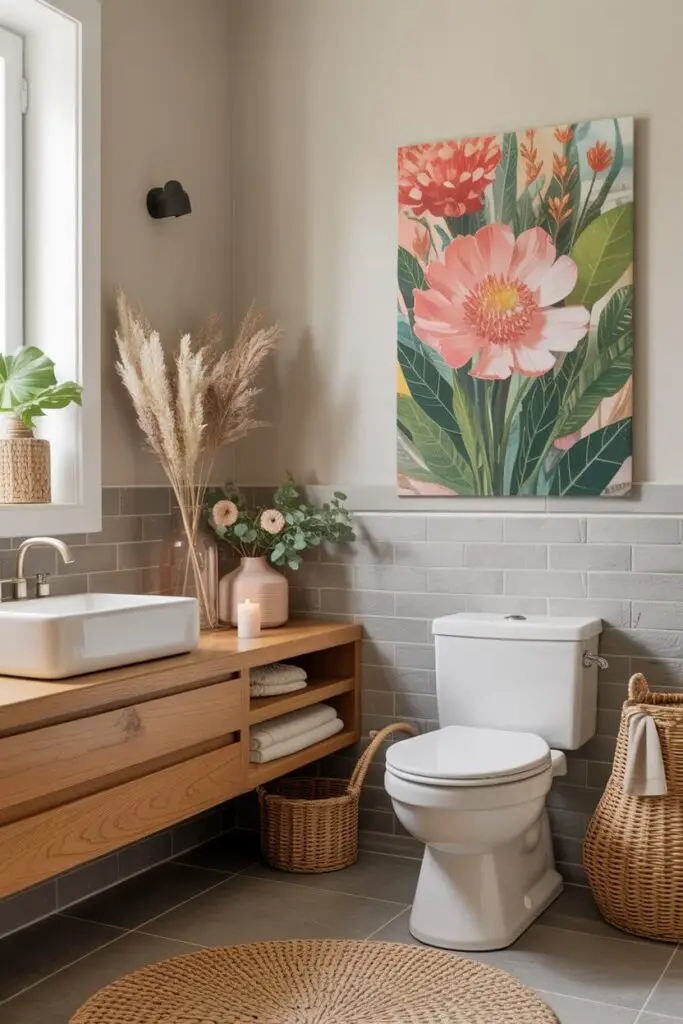 How to Incorporate Art in a Small Bathroom Design (Without Making It Feel Cluttered) 13 Mixing Art with Other Decor Elements