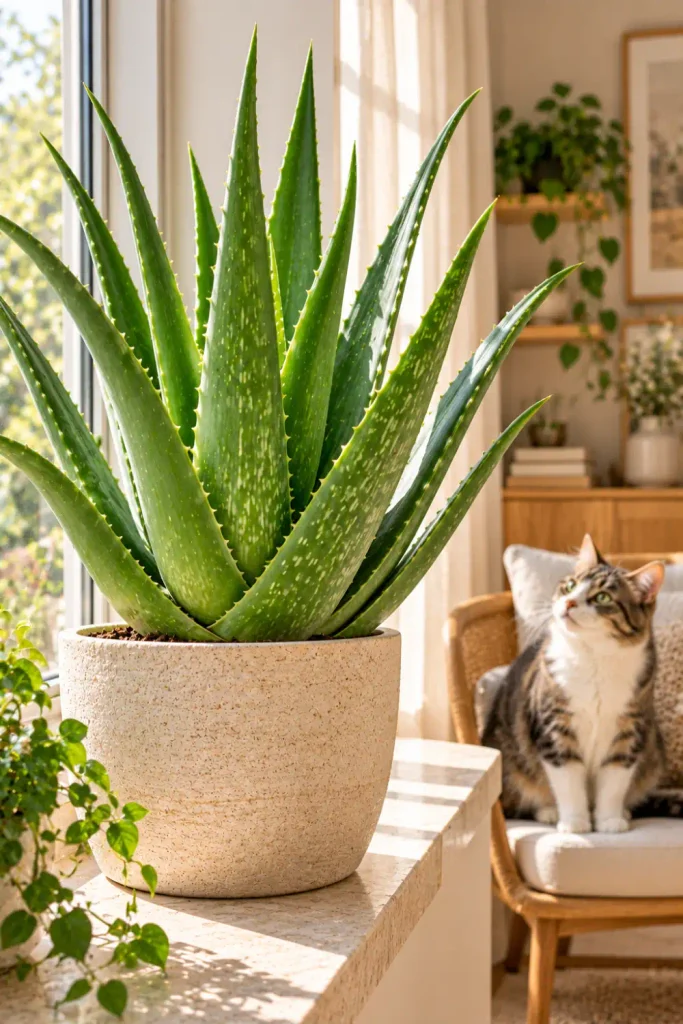 Plants That Are Toxic to Cats: 10 Common Houseplants 8 Aloe vera succulent with thick, fleshy, pointed green leaves in a sand-coloured ceramic planter on a bright indoor windowsill beside a cat.