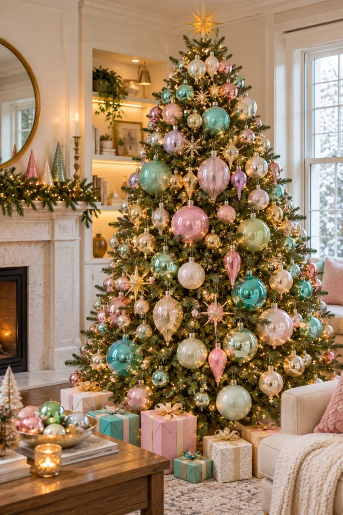 Retro Christmas Tree Ornaments: 10 Vintage-Inspired Ideas 5 Retro Christmas tree decorated with pastel pink, mint, turquoise, lavender, and cream glass baubles.