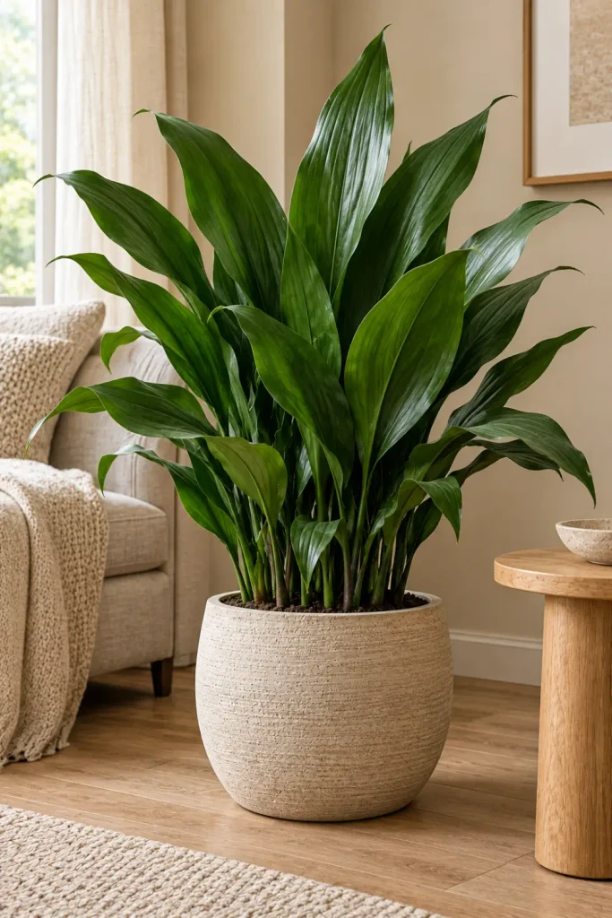 Indoor Plants That Need Minimal Light: 10 Easy Picks 3 Lush cast iron plant with broad dark green leaves in a textured ceramic pot in a shaded modern living room.