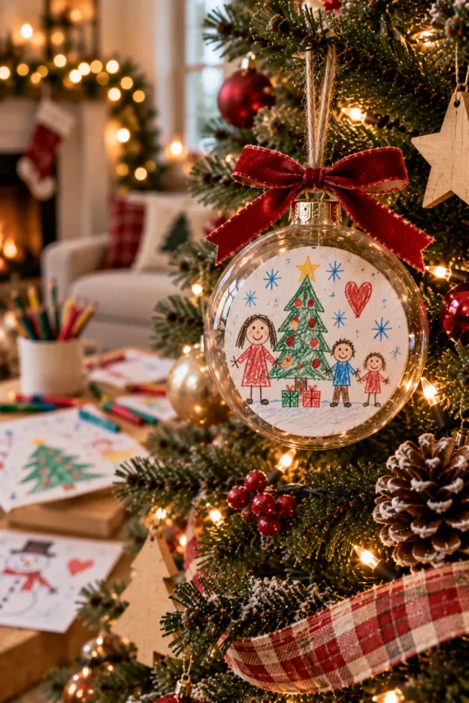 Personalized Christmas Ornaments: 10 Easy Keepsake Ideas 7 Personalized Christmas ornament preserving a child's colorful holiday drawing as a sentimental family keepsake.
