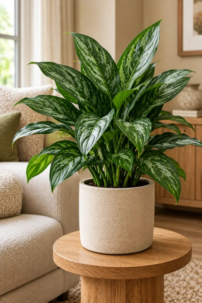 Indoor Plants That Need Minimal Light: 10 Easy Picks 6 Dark green Chinese evergreen with broad patterned leaves in a beige ceramic planter in a modern living room.