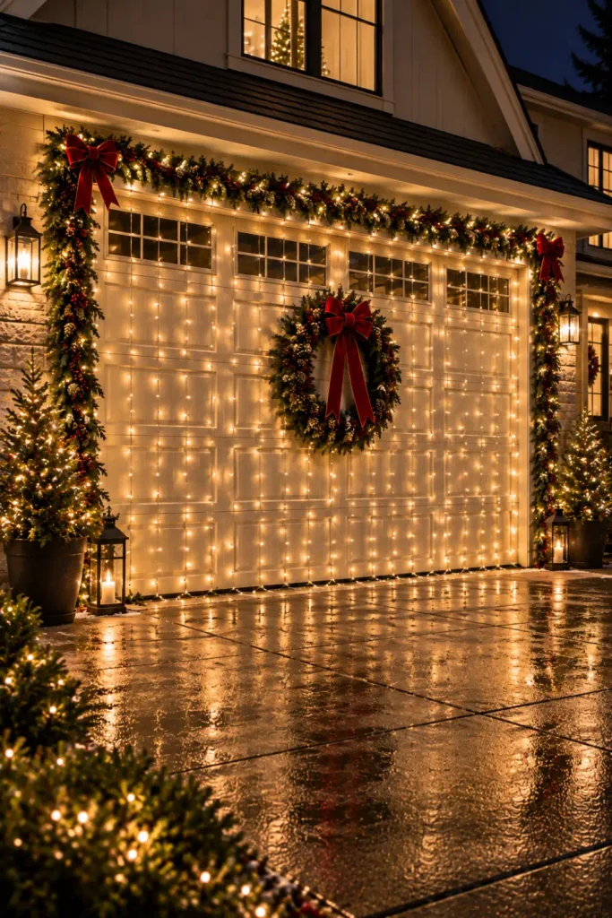 Garage Door Christmas Decorations: 10 Festive Ideas 8 Garage door glowing with a curtain of warm-white Christmas lights and evergreen garland.