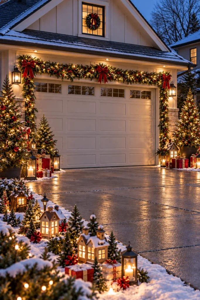 Garage Door Christmas Decorations: 10 Festive Ideas 5 Christmas village display with miniature trees, lanterns, presents, and lights around a decorated garage door.