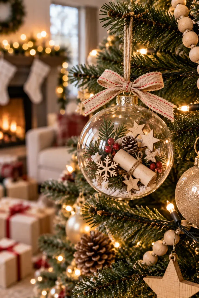 Personalized Christmas Ornaments: 10 Easy Keepsake Ideas 3 Clear Christmas ornament filled with tiny sentimental keepsake elements and displayed on a festive evergreen tree.