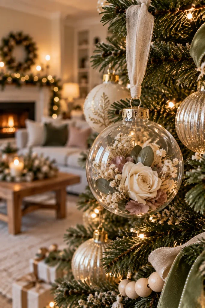 First Christmas Married Ornaments: 10 Creative Ideas 5 DIY wedding bouquet keepsake ornament filled with dried flowers hanging on a Christmas tree.