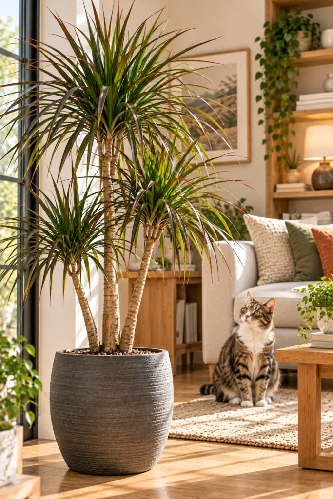 Plants That Are Toxic to Cats: 10 Common Houseplants 10 Dracaena dragon tree with long, narrow green leaves and reddish-purple edges in a charcoal planter in a modern living room with a cat.