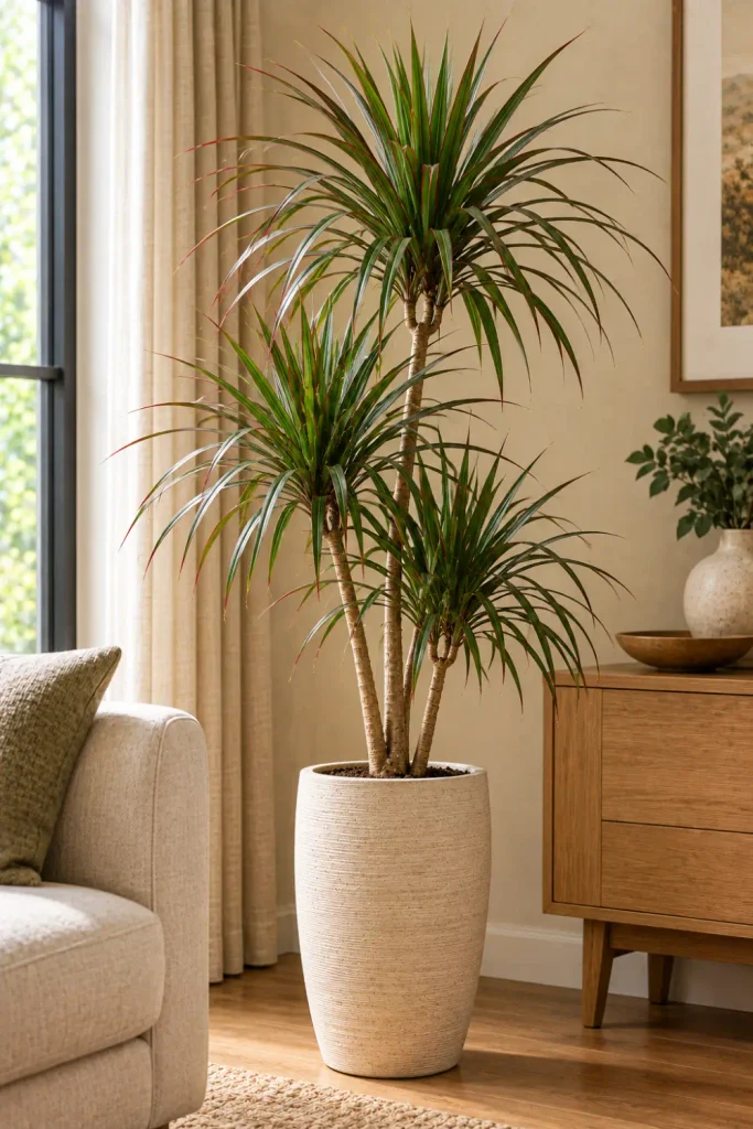 Indoor Plants That Need Minimal Light: 10 Easy Picks 10 Tall dragon tree with slender green and red-edged leaves in a beige ceramic planter in a modern living room.