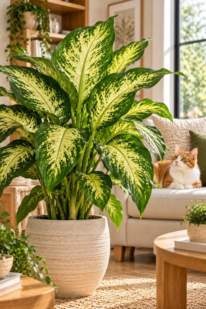 Plants That Are Toxic to Cats: 10 Common Houseplants 6 Dumb cane plant with large green and cream-variegated leaves in a beige ceramic planter in a contemporary living room with a cat nearby.