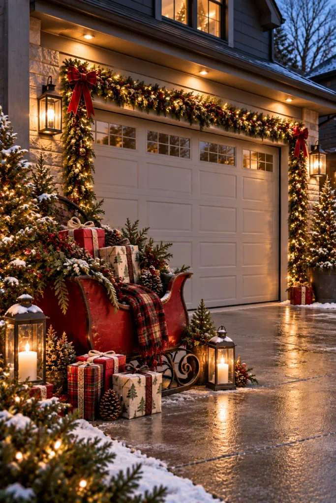 Garage Door Christmas Decorations: 10 Festive Ideas 10 Elegant garage door Christmas decorations with evergreen garland, gold ornaments, wreath, and warm lights.