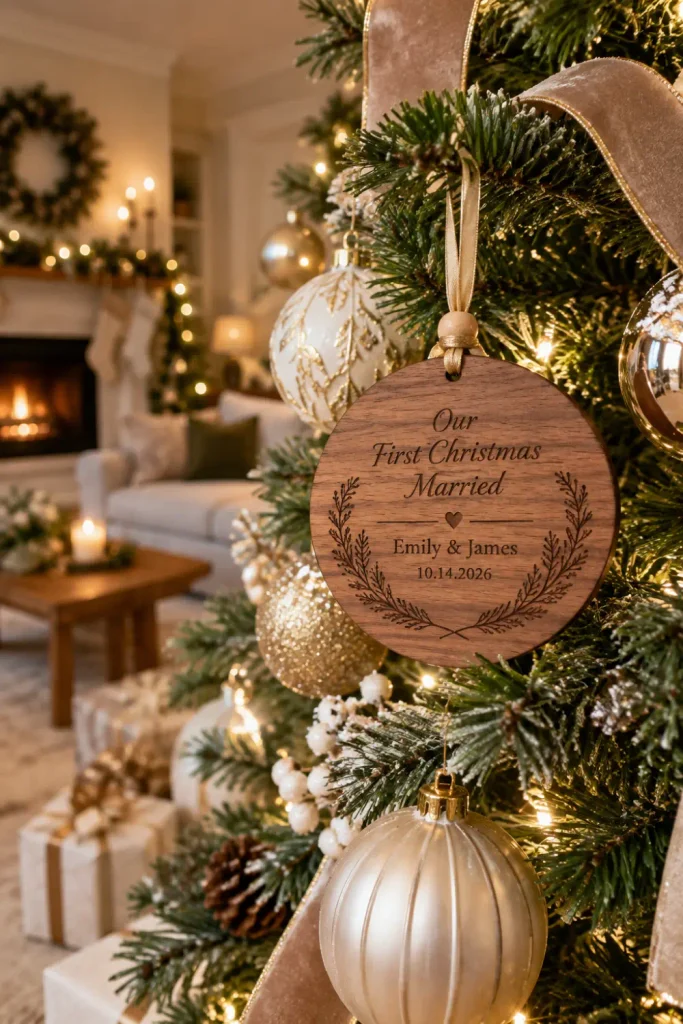 First Christmas Married Ornaments: 10 Creative Ideas 1 Engraved wooden first Christmas married ornament with wedding date hanging on an elegant decorated Christmas tree.
