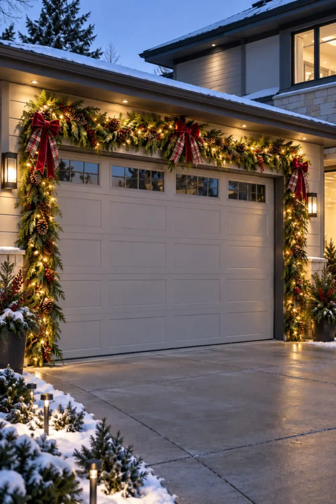Garage Door Christmas Decorations: 10 Festive Ideas 1 Modern garage door framed with evergreen Christmas garland, warm lights, and red bows.