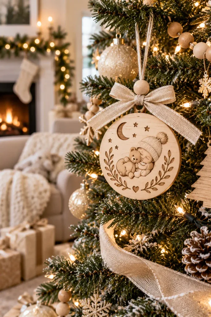 Personalized Christmas Ornaments: 10 Easy Keepsake Ideas 2 Personalized first Christmas keepsake ornament with a simple elegant design hanging on a modern holiday tree.