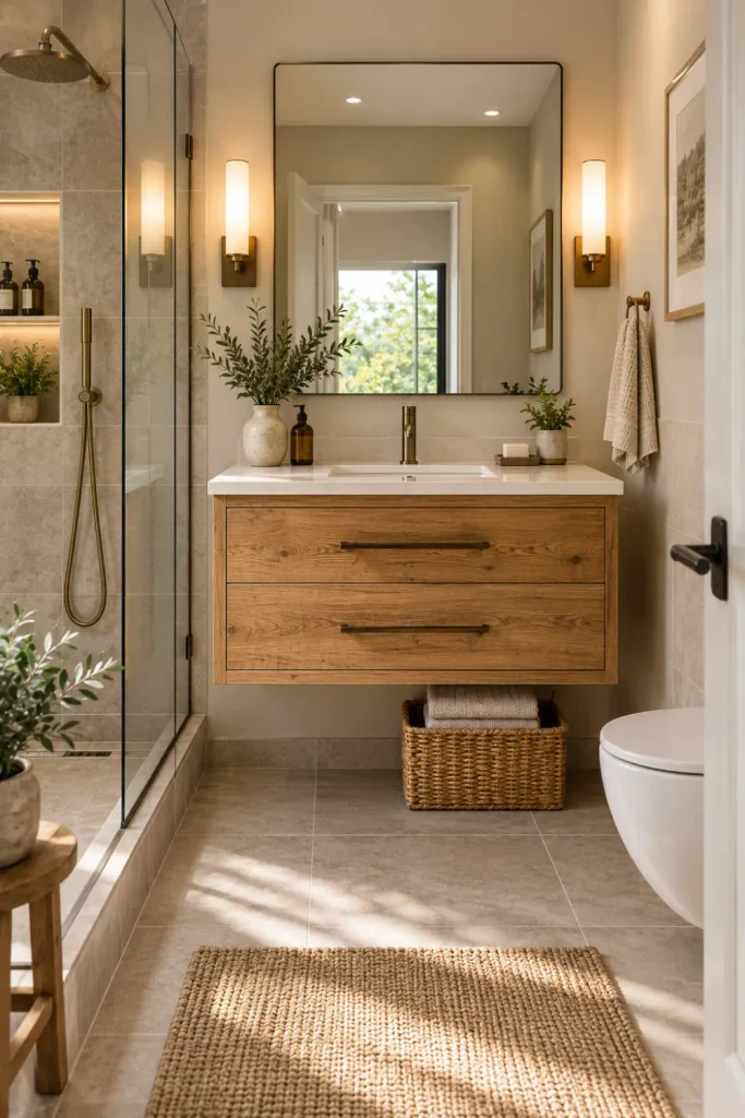 Rustic Bathroom Cabinet: 10 Stylish Ideas for Any Space 2 Floating natural wood rustic bathroom cabinet with open floor space and woven towel basket in a small bathroom.