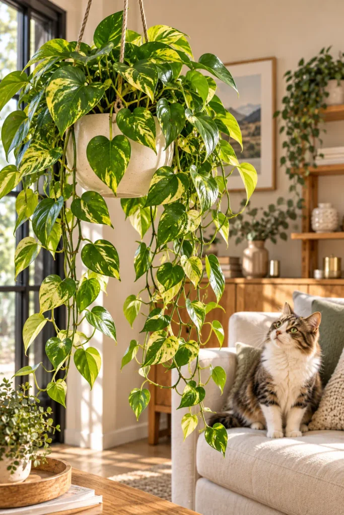 Plants That Are Toxic to Cats: 10 Common Houseplants 3 Golden pothos with cascading green and yellow heart-shaped leaves in a hanging planter above a cat in a modern living room.