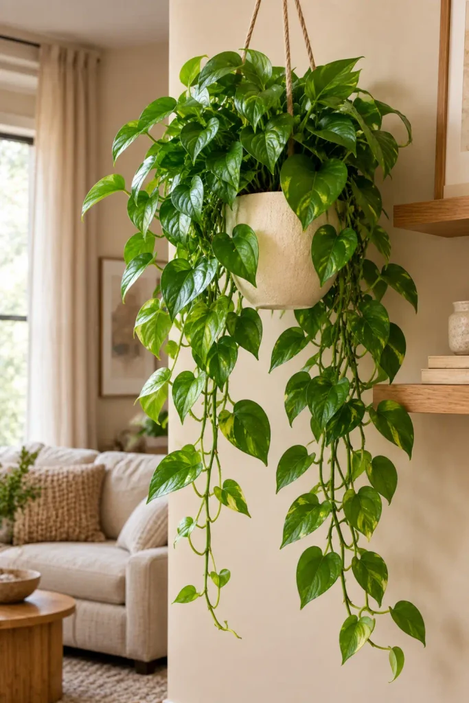 Indoor Plants That Need Minimal Light: 10 Easy Picks 4 Lush green pothos with cascading heart-shaped leaves in a hanging planter in a modern neutral living room.