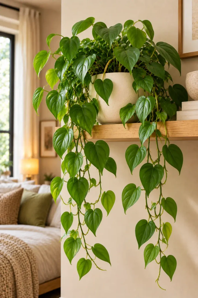 Indoor Plants That Need Minimal Light: 10 Easy Picks 5 Heartleaf philodendron with cascading green vines in a white ceramic planter on a modern wooden shelf.