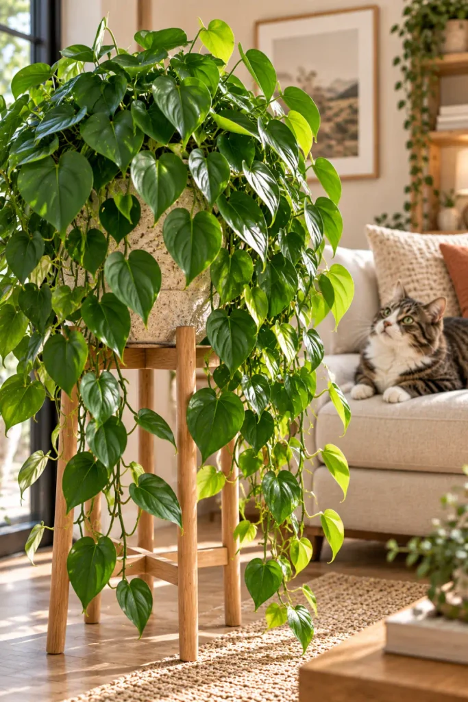 Plants That Are Toxic to Cats: 10 Common Houseplants 5 Heartleaf philodendron with cascading dark green foliage in a stone planter in a modern living room with a tabby cat.