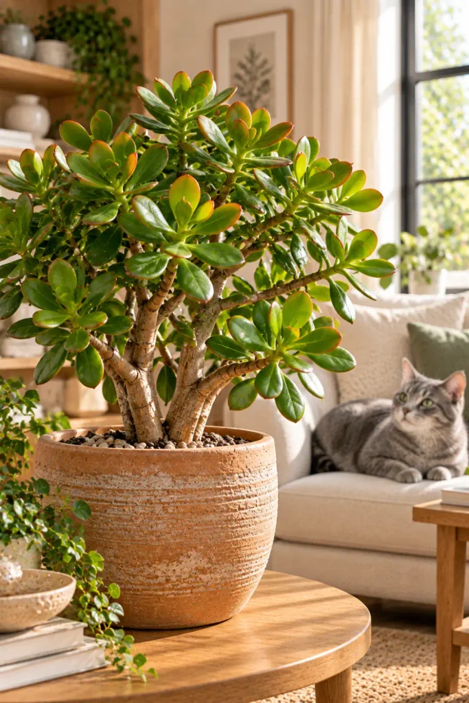 Plants That Are Toxic to Cats: 10 Common Houseplants 9 Jade plant with fleshy oval green leaves and woody branches in a terracotta planter on a wooden side table in a modern home with a cat.