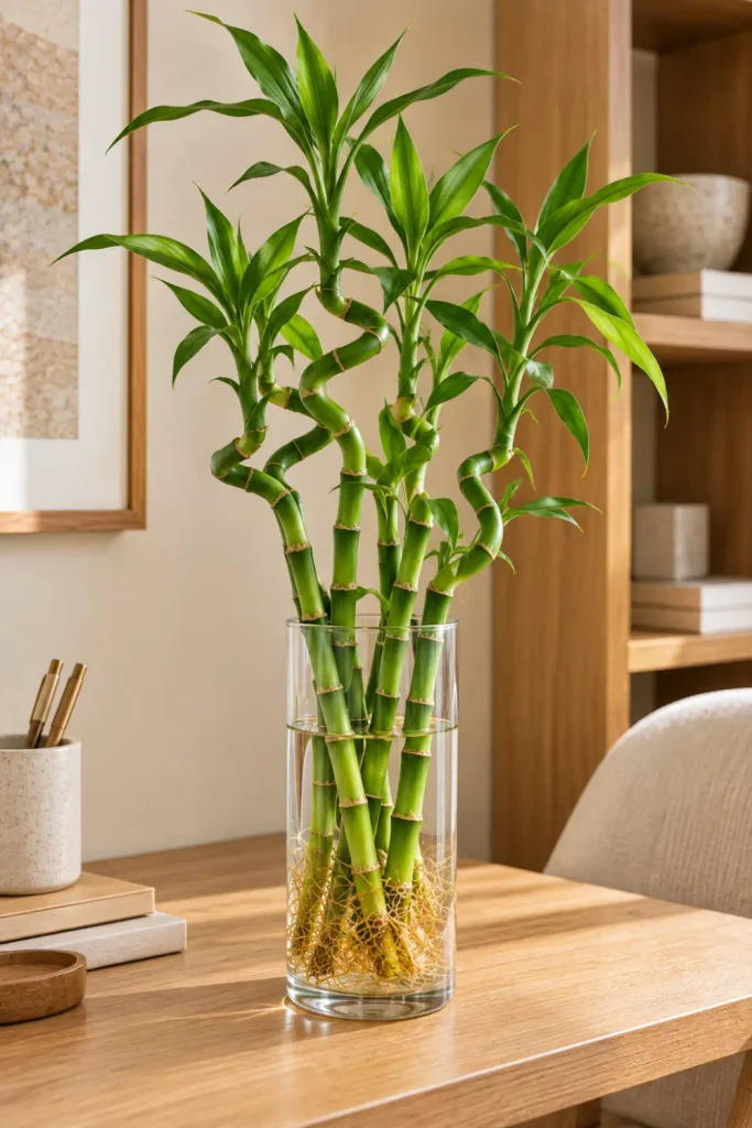 Indoor Plants That Need Minimal Light: 10 Easy Picks 9 Green lucky bamboo stems and fresh leaves growing in a clear glass vase on a modern wooden desk.