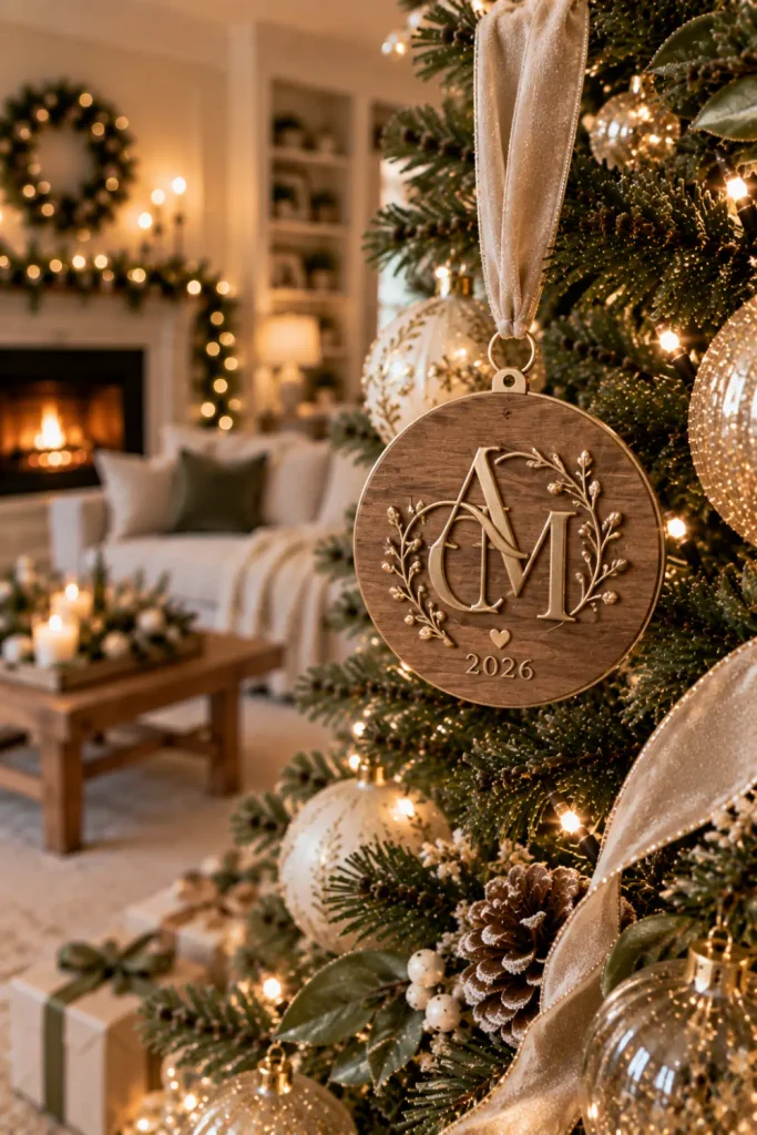 First Christmas Married Ornaments: 10 Creative Ideas 8 Matching initials monogram ornament for newlyweds hanging on an elegant Christmas tree.