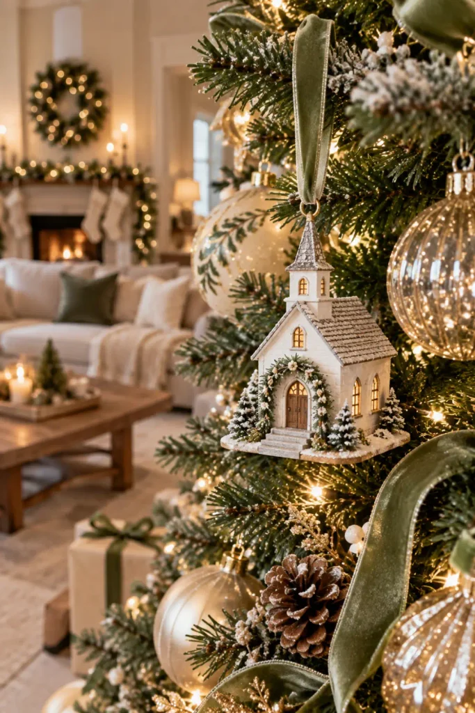 First Christmas Married Ornaments: 10 Creative Ideas 2 Miniature wedding venue ornament hanging on a modern Christmas tree for a couple's first married Christmas.