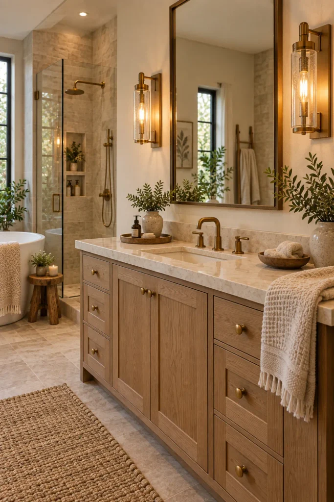 Modern Rustic Bathroom Lighting: 10 Cozy Design Ideas 5 Aged brass vanity lighting paired with natural wood and creamy finishes in a modern rustic bathroom.
