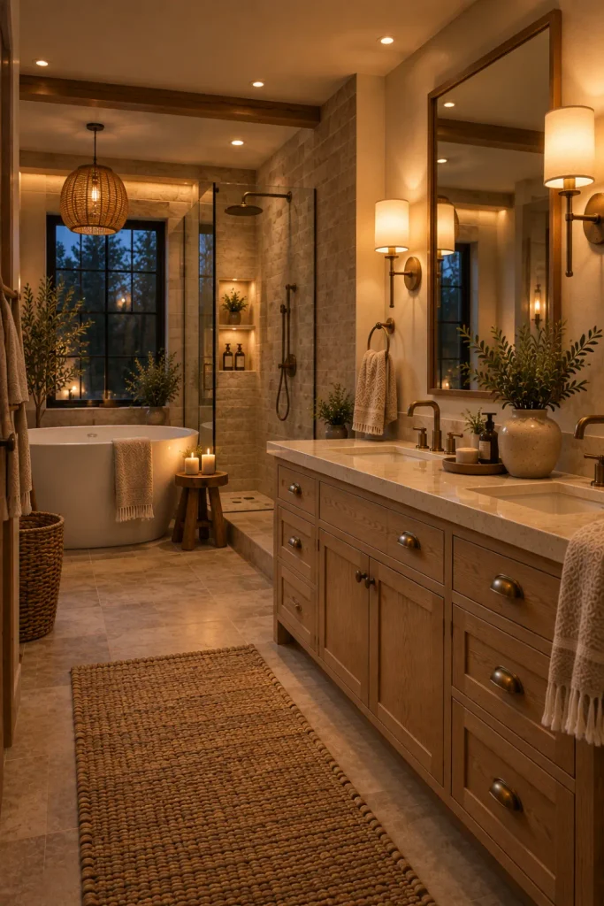 Modern Rustic Bathroom Lighting: 10 Cozy Design Ideas 10 Warm layered dimmable lighting creating a cozy evening atmosphere in a modern rustic bathroom.