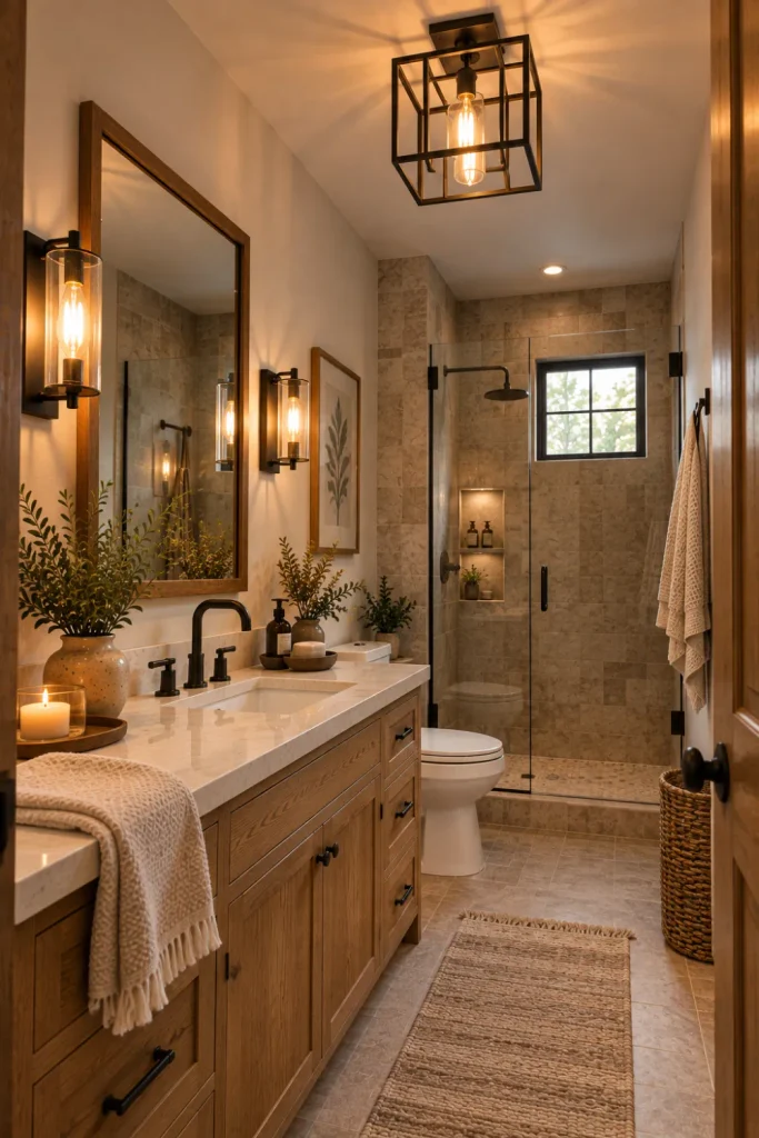 Modern Rustic Bathroom Lighting: 10 Cozy Design Ideas 7 Industrial-rustic black metal ceiling light illuminating a warm modern bathroom with wood accents.