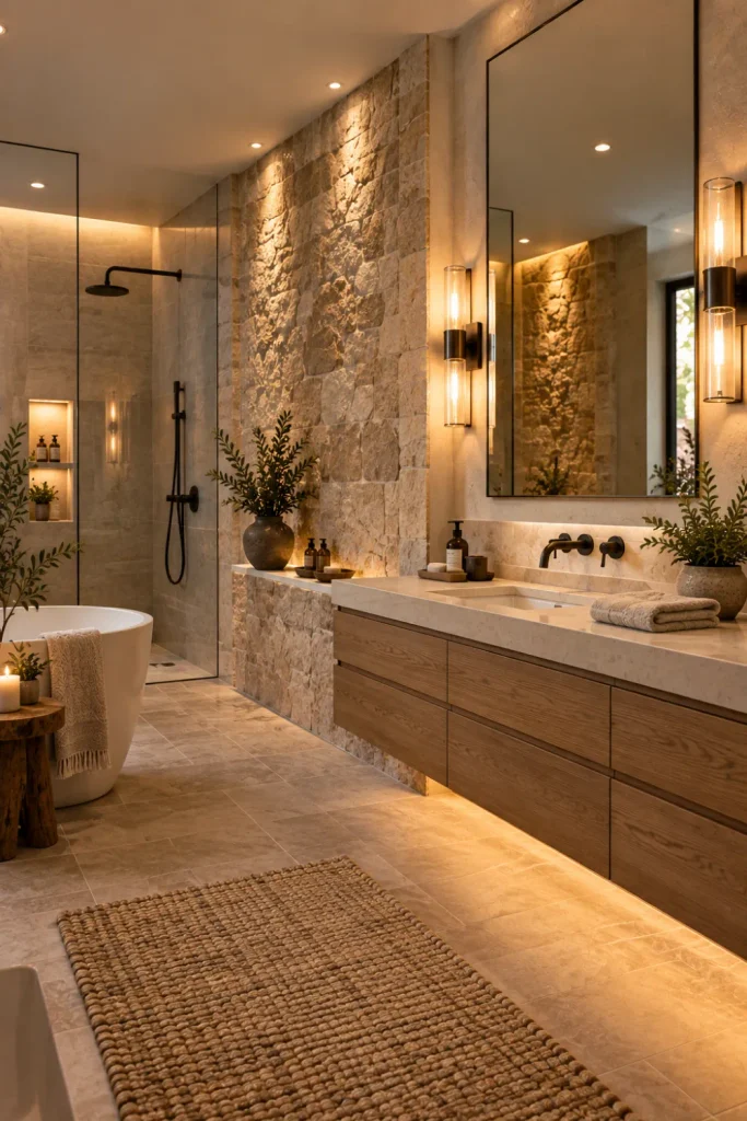 Modern Rustic Bathroom Lighting: 10 Cozy Design Ideas 4 Layered bathroom lighting highlighting a textured natural stone wall in a modern rustic interior.