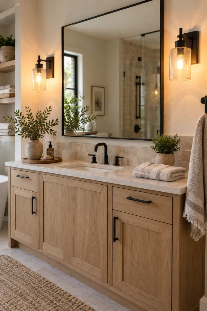 Modern Rustic Bathroom Lighting: 10 Cozy Design Ideas 1 Modern rustic bathroom with matte black metal sconces flanking a mirror above a warm wood vanity.