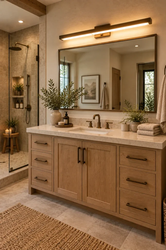 Modern Rustic Bathroom Lighting: 10 Cozy Design Ideas 9 Linear vanity light above a mirror in a contemporary bathroom with warm rustic materials.