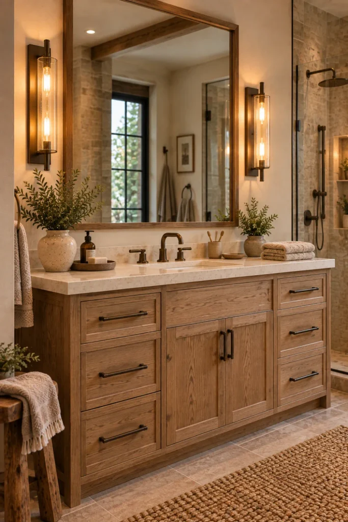 Modern Rustic Bathroom Lighting: 10 Cozy Design Ideas 6 Rustic-inspired wall sconces flanking a bathroom mirror above a natural wood vanity.