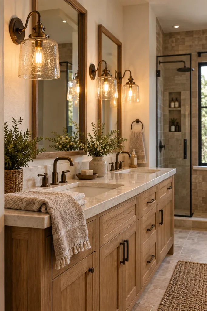 Modern Rustic Bathroom Lighting: 10 Cozy Design Ideas 3 Seeded glass bathroom lights with aged bronze fittings creating a warm rustic glow around a vanity.