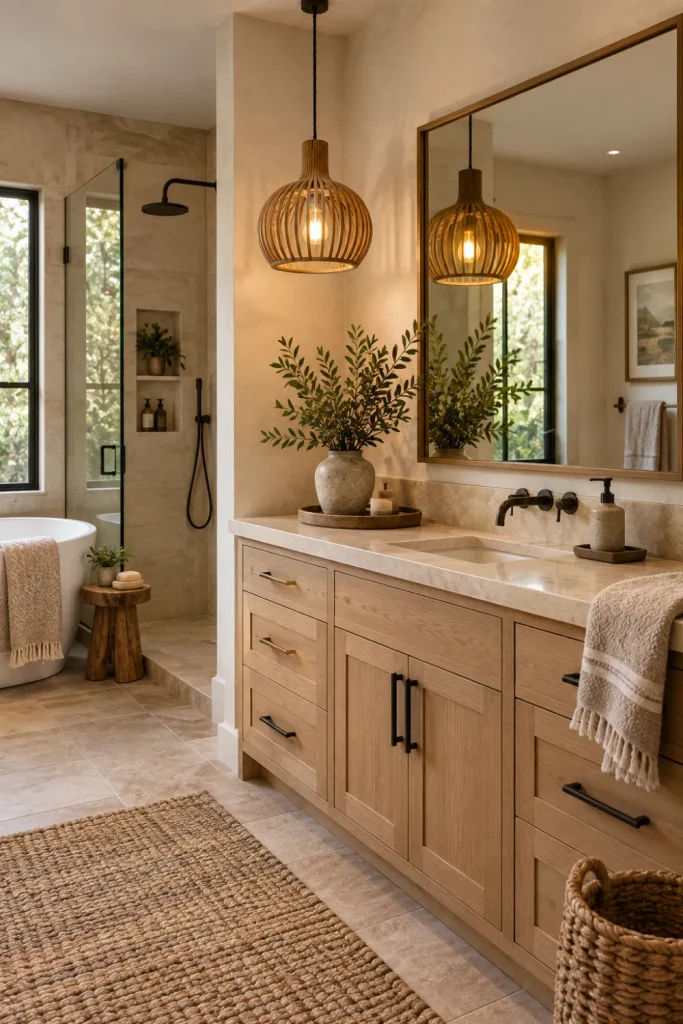 Modern Rustic Bathroom Lighting: 10 Cozy Design Ideas 2 Wood-toned pendant light adding natural warmth above a modern rustic bathroom vanity.