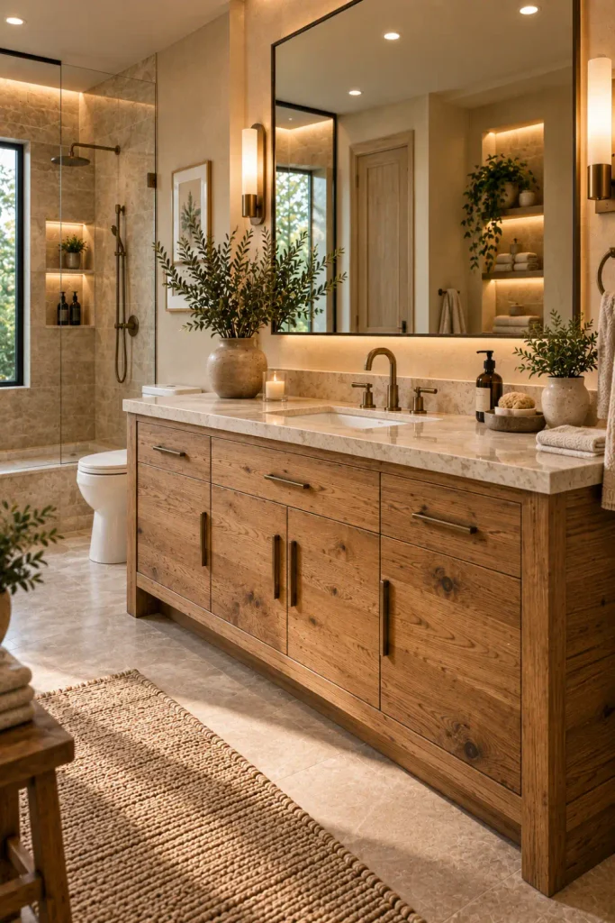 Rustic Bathroom Cabinet: 10 Stylish Ideas for Any Space 10 Modern rustic statement bathroom cabinet in natural oak with a stone countertop, minimalist mirror, and warm layered lighting.