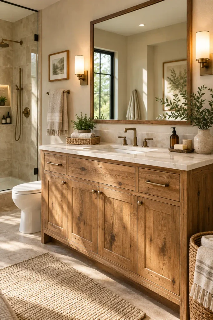 Rustic Bathroom Cabinet: 10 Stylish Ideas for Any Space 1 Natural oak rustic bathroom cabinet with visible wood grain, stone countertop, brass hardware, and warm neutral decor.